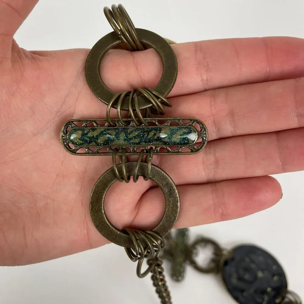 1980's Resin Medallion Chain Waist‎ Adjustable Belt Blue Green Brassy Gold